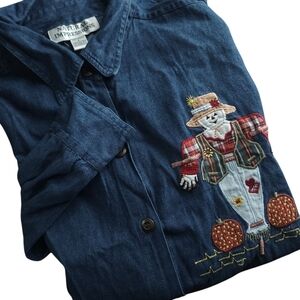 Vintage 90s Embroidered Scarecrow Fall Autumn Chambray Long Sleeve Top Sz L